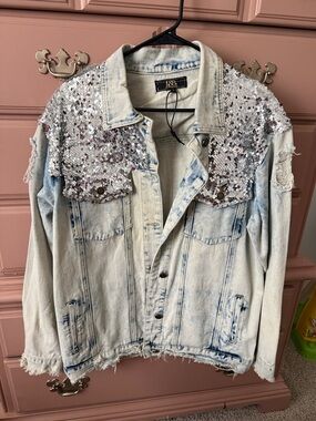 L&B Light Blue Denim Jacket with Silver Sequin Shoulders